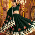 Dark Green Mirror Embroidered Navratri Lehenga Choli Set with Golden Striped Border - Mangaldeep NX