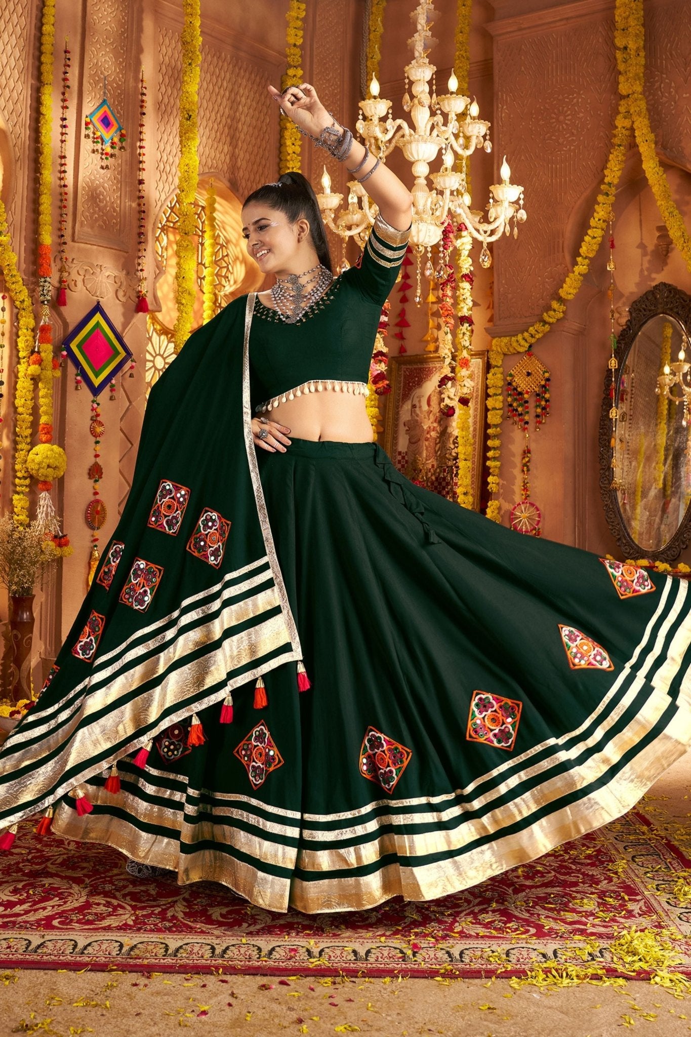 Dark Green Mirror Embroidered Navratri Lehenga Choli Set with Golden Striped Border - Mangaldeep NX