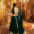 Dark Green Mirror Embroidered Navratri Lehenga Choli Set with Golden Striped Border - Mangaldeep NX