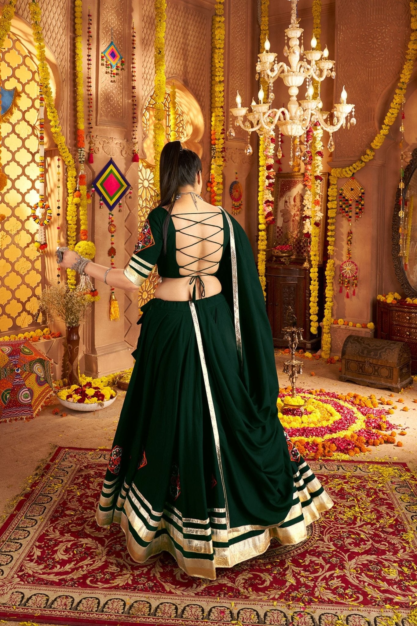 Dark Green Mirror Embroidered Navratri Lehenga Choli Set with Golden Striped Border - Mangaldeep NX