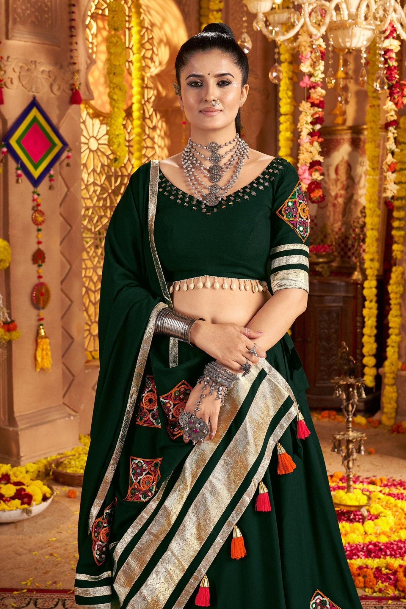 Dark Green Mirror Embroidered Navratri Lehenga Choli Set with Golden Striped Border - Mangaldeep NX