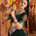 Dark Green Mirror Embroidered Navratri Lehenga Choli Set with Golden Striped Border - Mangaldeep NX