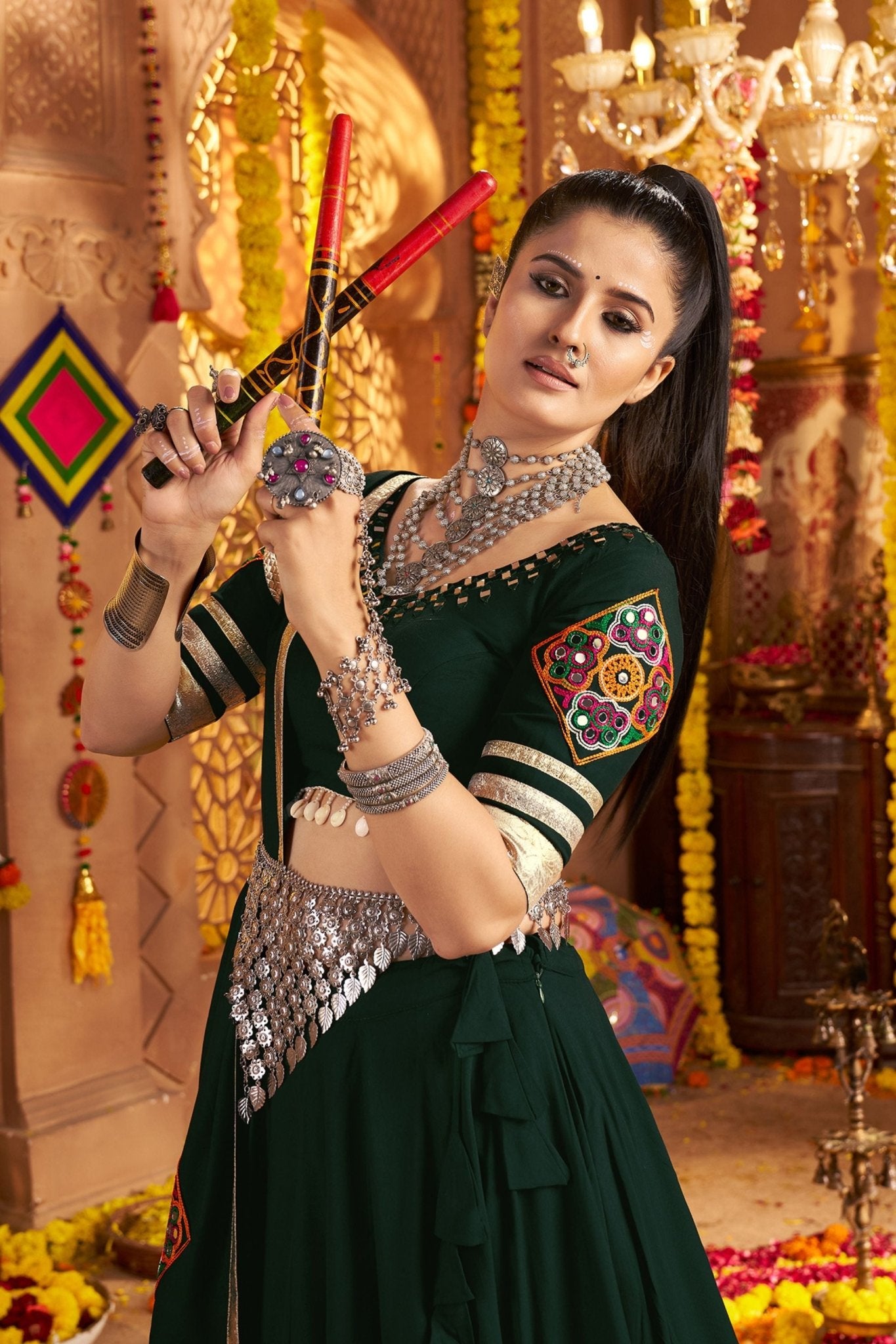 Dark Green Mirror Embroidered Navratri Lehenga Choli Set with Golden Striped Border - Mangaldeep NX