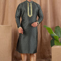 Dark Green Printed Art Silk Kurta for Men with Beige Pyjama - Mangaldeep NX