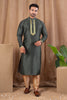 Dark Green Printed Art Silk Kurta for Men with Beige Pyjama - Mangaldeep NX