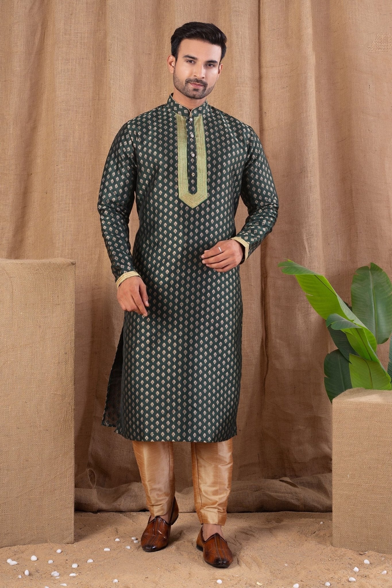 Dark Green Printed Art Silk Kurta for Men with Beige Pyjama - Mangaldeep NX