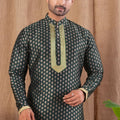 Dark Green Printed Art Silk Kurta for Men with Beige Pyjama - Mangaldeep NX