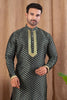 Dark Green Printed Art Silk Kurta for Men with Beige Pyjama - Mangaldeep NX