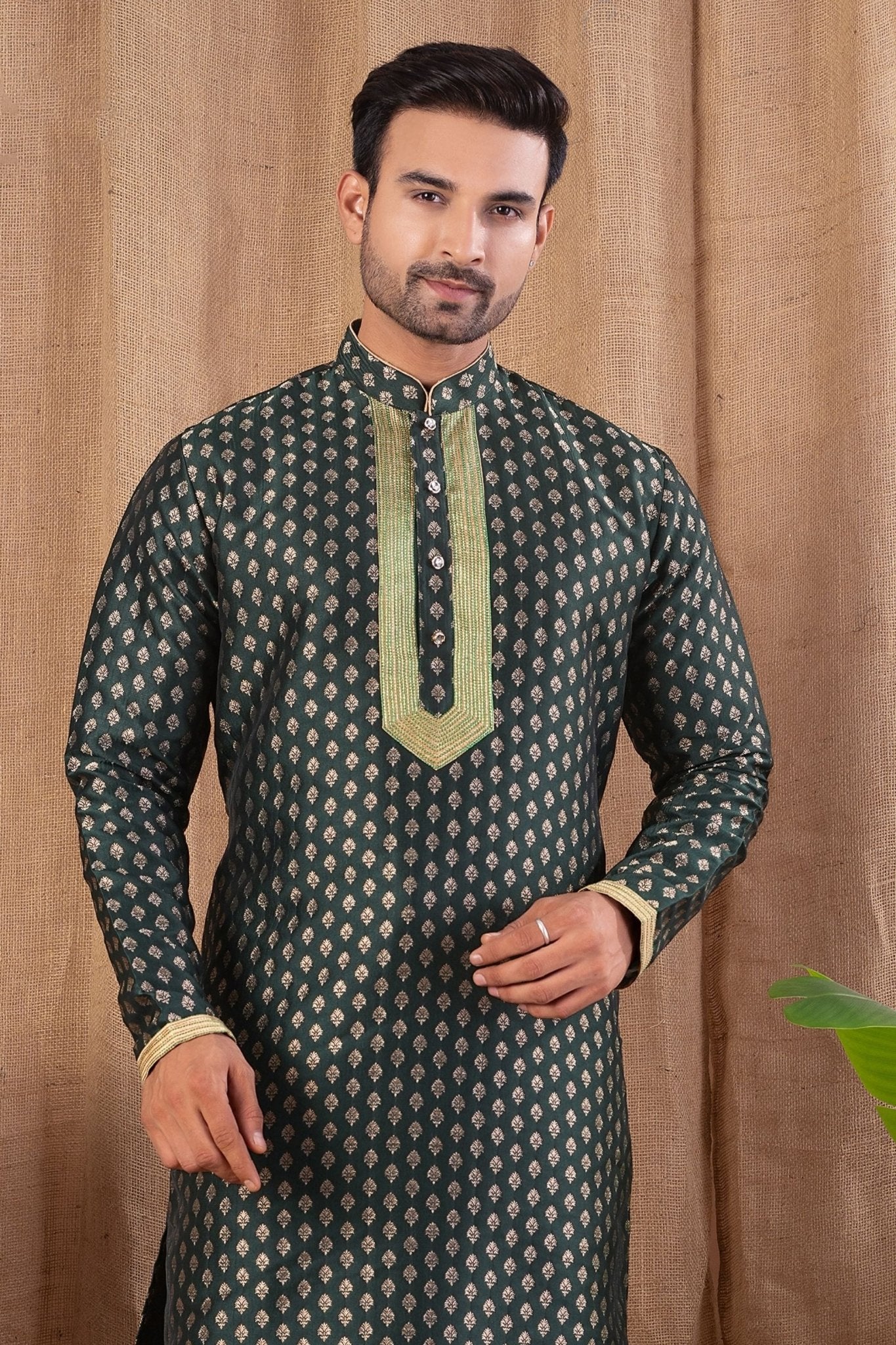 Dark Green Printed Art Silk Kurta for Men with Beige Pyjama - Mangaldeep NX