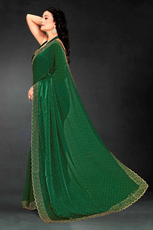 Dark Green Sequin Embellished Party Wear Fandy Silk Saree with Golden Scallop Border - Mangaldeep NX