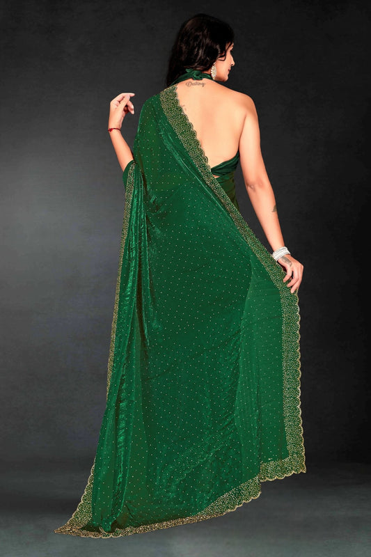 Dark Green Sequin Embellished Party Wear Fandy Silk Saree with Golden Scallop Border - Mangaldeep NX