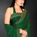 Dark Green Sequin Embellished Party Wear Fandy Silk Saree with Golden Scallop Border - Mangaldeep NX