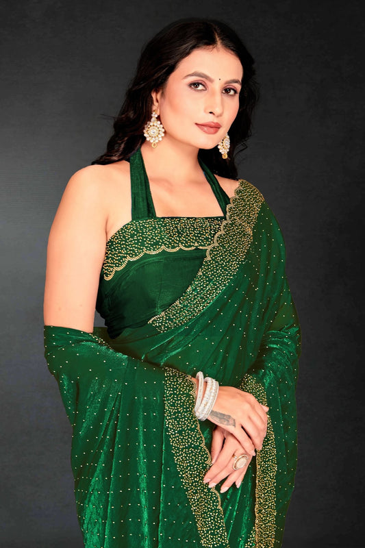 Dark Green Sequin Embellished Party Wear Fandy Silk Saree with Golden Scallop Border - Mangaldeep NX