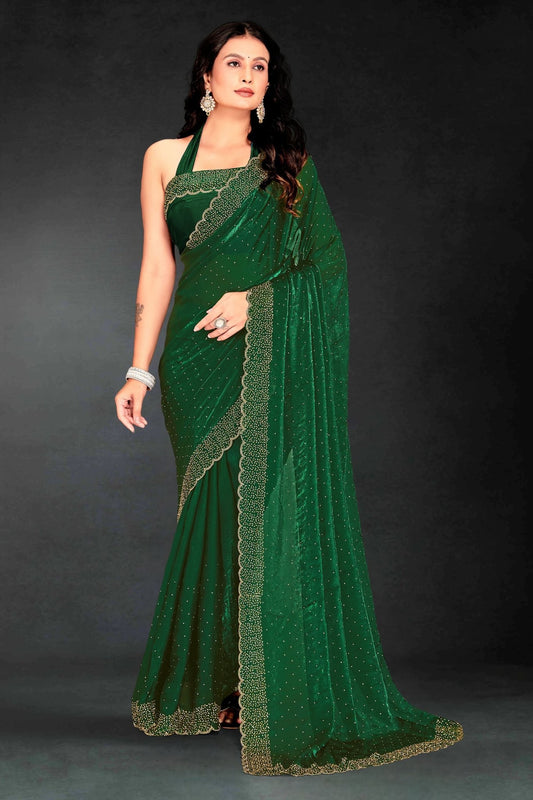 Dark Green Sequin Embellished Party Wear Fandy Silk Saree with Golden Scallop Border - Mangaldeep NX