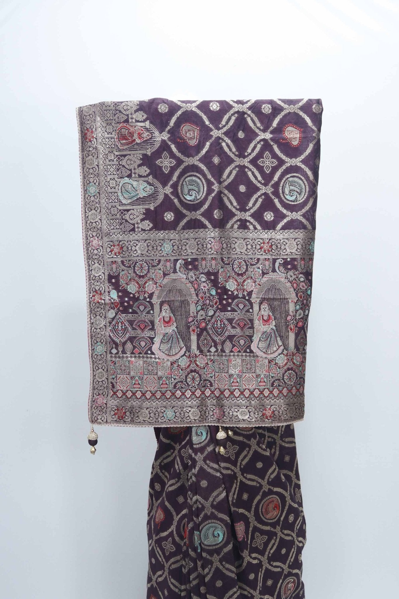 Dark Maroon Banarasi Silk Saree with Zari Embroidery and Traditional Dancing Lady Motifs - Mangaldeep NX