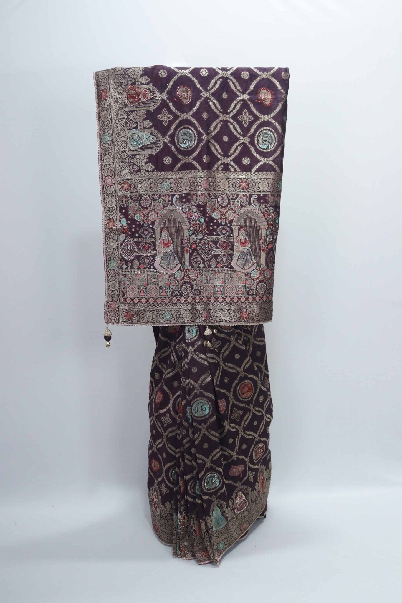 Dark Maroon Banarasi Silk Saree with Zari Embroidery and Traditional Dancing Lady Motifs - Mangaldeep NX
