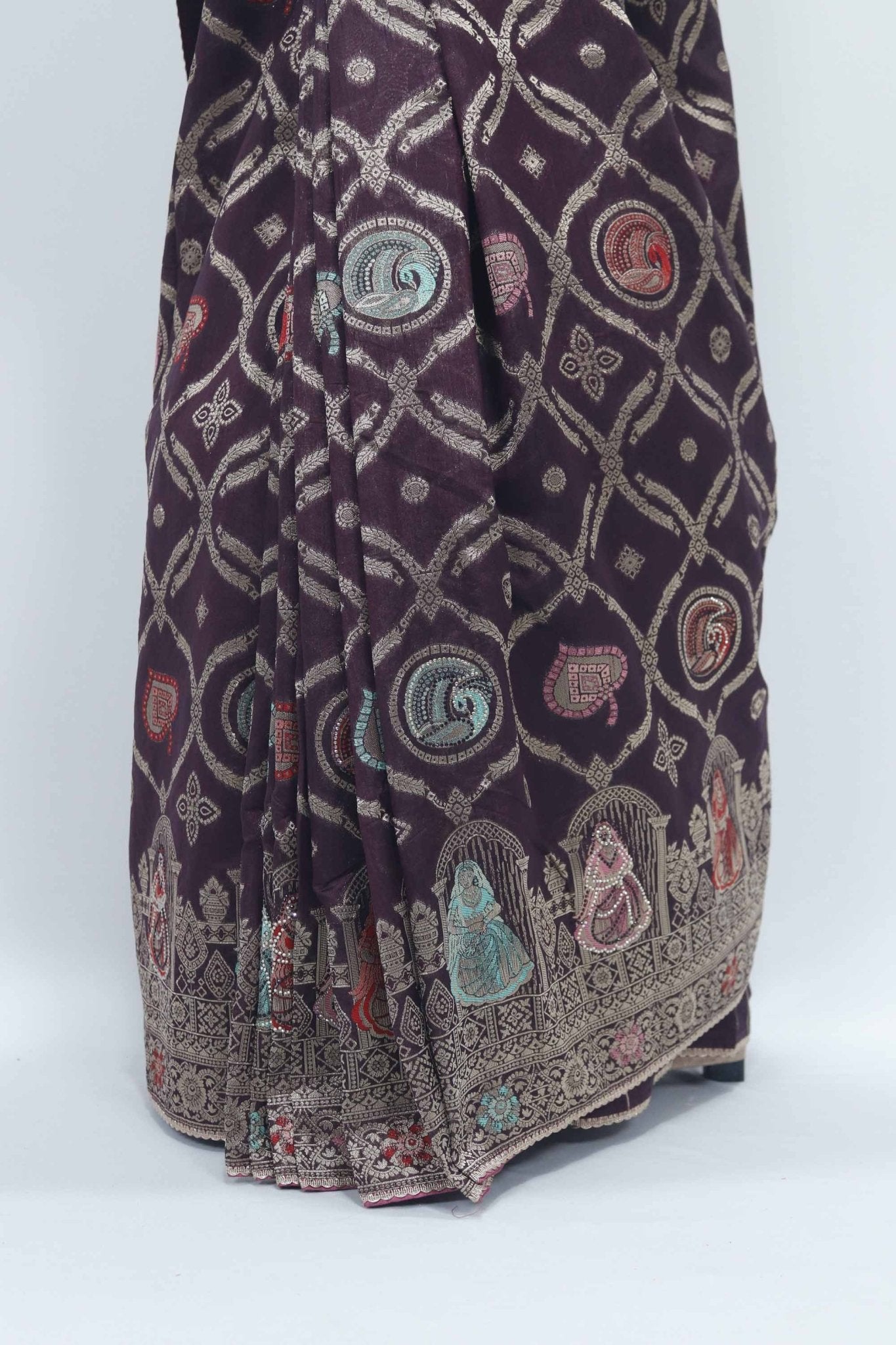 Dark Maroon Banarasi Silk Saree with Zari Embroidery and Traditional Dancing Lady Motifs - Mangaldeep NX