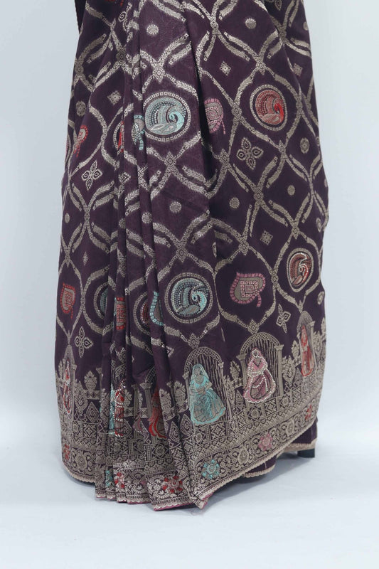 Dark Maroon Banarasi Silk Saree with Zari Embroidery and Traditional Dancing Lady Motifs - Mangaldeep NX