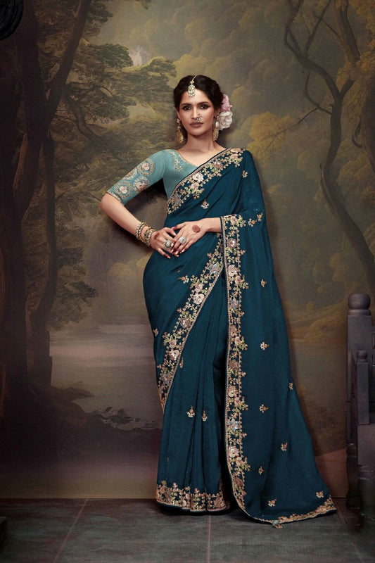 Dark Sea Blue Embroidered Silk Saree with Floral Sequin Border and Light Blue Blouse - Mangaldeep NX