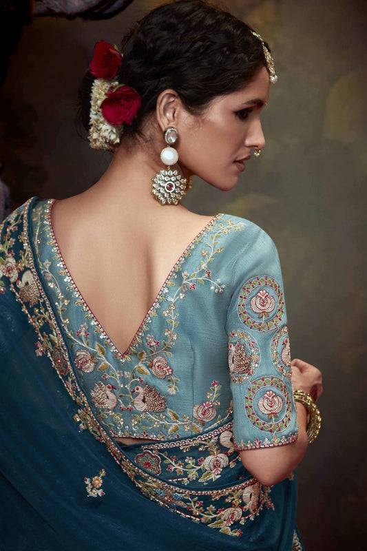 Dark Sea Blue Embroidered Silk Saree with Floral Sequin Border and Light Blue Blouse - Mangaldeep NX