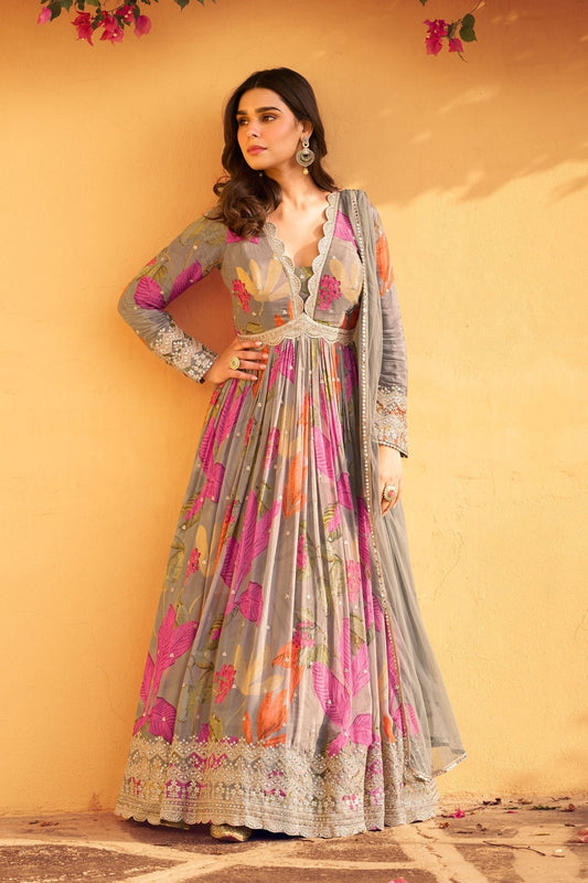 Dashing Grey Floral Anarkali Dress with Embroidered Border - Mangaldeep NX