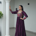 Deep Purple Flared Mirror Work Gown with Multicolor Embroidered Yoke and Sleeves - Mangaldeep NX