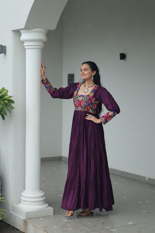 Deep Purple Flared Mirror Work Gown with Multicolor Embroidered Yoke and Sleeves - Mangaldeep NX