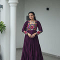 Deep Purple Flared Mirror Work Gown with Multicolor Embroidered Yoke and Sleeves - Mangaldeep NX