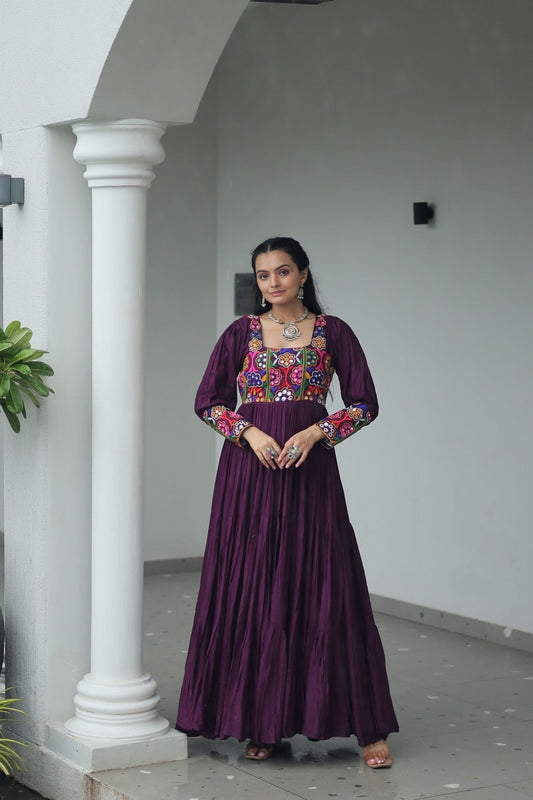 Deep Purple Flared Mirror Work Gown with Multicolor Embroidered Yoke and Sleeves - Mangaldeep NX
