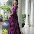 Deep Purple Flared Mirror Work Gown with Multicolor Embroidered Yoke and Sleeves - Mangaldeep NX