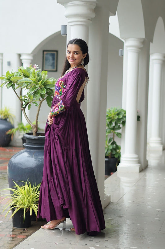 Deep Purple Flared Mirror Work Gown with Multicolor Embroidered Yoke and Sleeves - Mangaldeep NX