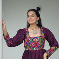 Deep Purple Flared Mirror Work Gown with Multicolor Embroidered Yoke and Sleeves - Mangaldeep NX
