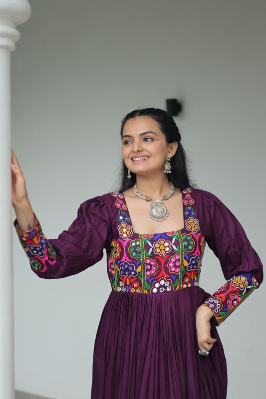 Deep Purple Flared Mirror Work Gown with Multicolor Embroidered Yoke and Sleeves - Mangaldeep NX