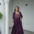 Deep Purple Flared Mirror Work Gown with Multicolor Embroidered Yoke and Sleeves - Mangaldeep NX