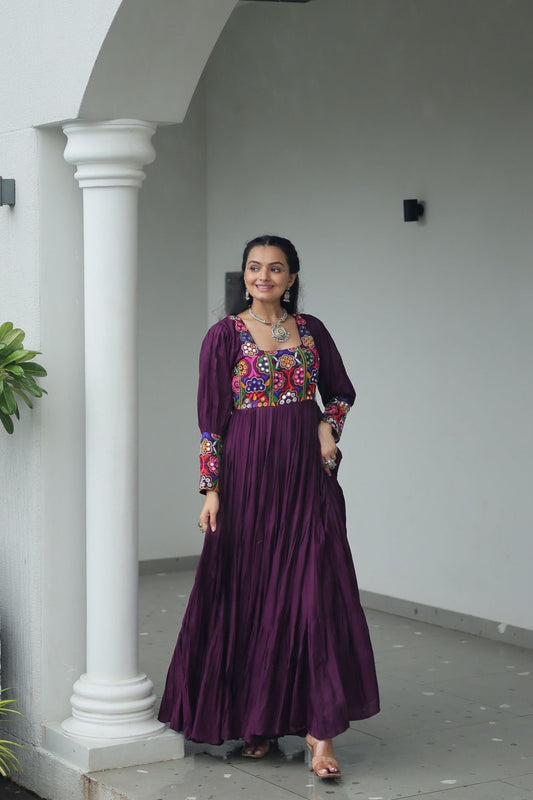 Deep Purple Flared Mirror Work Gown with Multicolor Embroidered Yoke and Sleeves - Mangaldeep NX