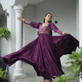 Deep Purple Flared Mirror Work Gown with Multicolor Embroidered Yoke and Sleeves - Mangaldeep NX