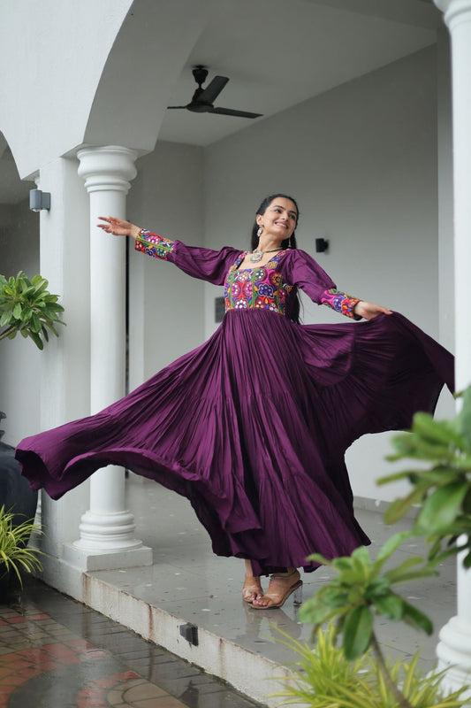 Deep Purple Flared Mirror Work Gown with Multicolor Embroidered Yoke and Sleeves - Mangaldeep NX