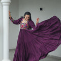 Deep Purple Flared Mirror Work Gown with Multicolor Embroidered Yoke and Sleeves - Mangaldeep NX