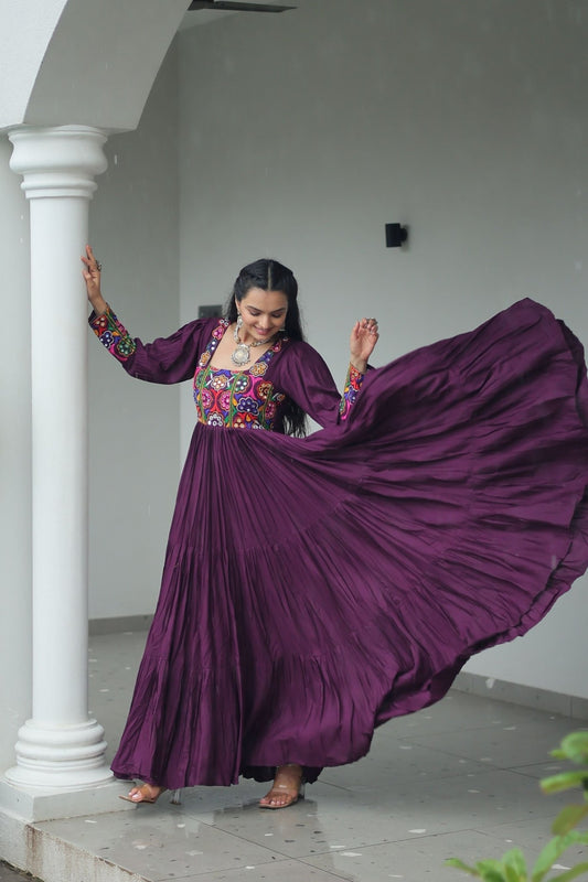 Deep Purple Flared Mirror Work Gown with Multicolor Embroidered Yoke and Sleeves - Mangaldeep NX