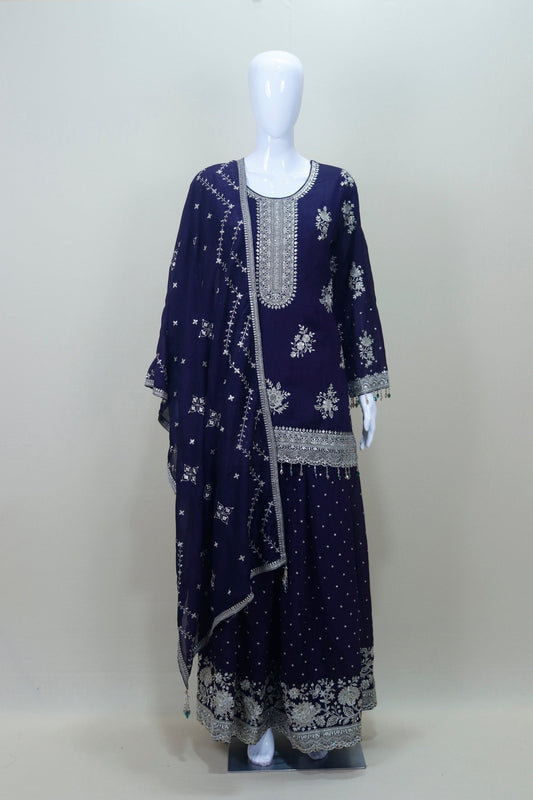 Deep Purple Sharara Suit Set with Heavy Silver Embroidery Dupatta - Mangaldeep NX