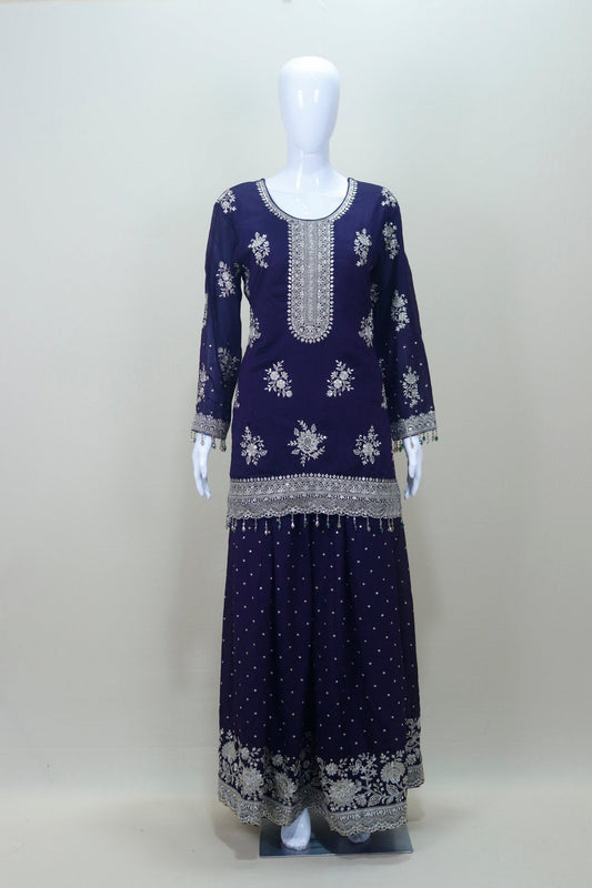 Deep Purple Sharara Suit Set with Heavy Silver Embroidery Dupatta - Mangaldeep NX