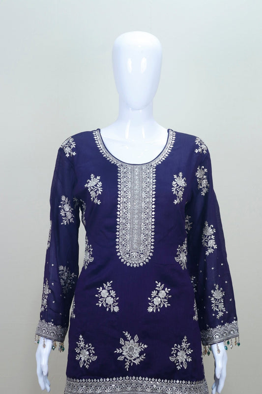 Deep Purple Sharara Suit Set with Heavy Silver Embroidery Dupatta - Mangaldeep NX