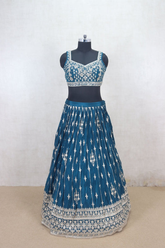 Delicate Teal Blue Embroidered Lehenga Choli - Mangaldeep NX