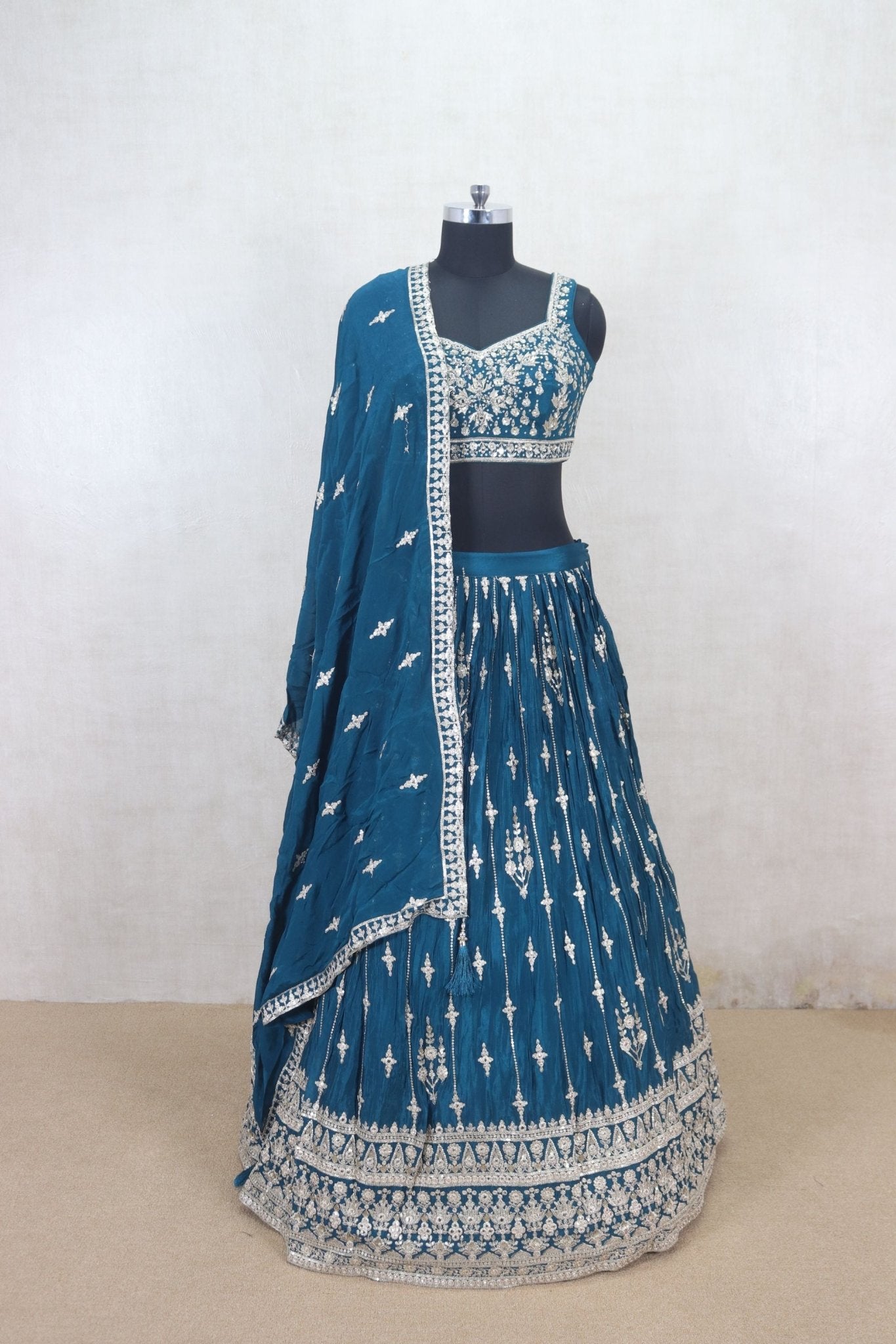 Delicate Teal Blue Embroidered Lehenga Choli - Mangaldeep NX