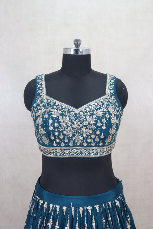 Delicate Teal Blue Embroidered Lehenga Choli - Mangaldeep NX