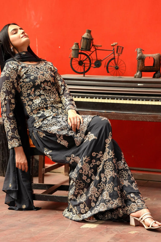 Designer Black and Gold Embroidered Sharara Suit for Women - Mangaldeep NX