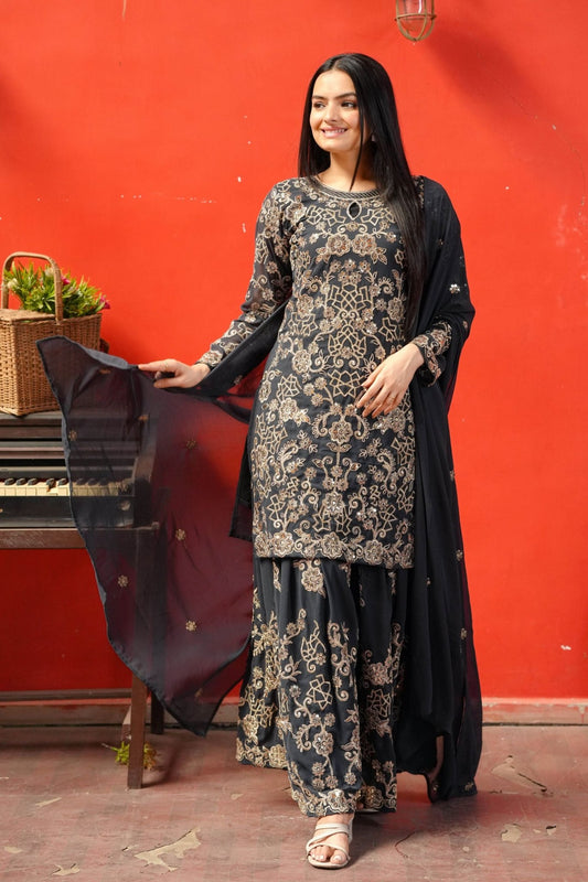 Designer Black and Gold Embroidered Sharara Suit for Women - Mangaldeep NX