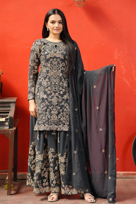 Designer Black and Gold Embroidered Sharara Suit for Women - Mangaldeep NX