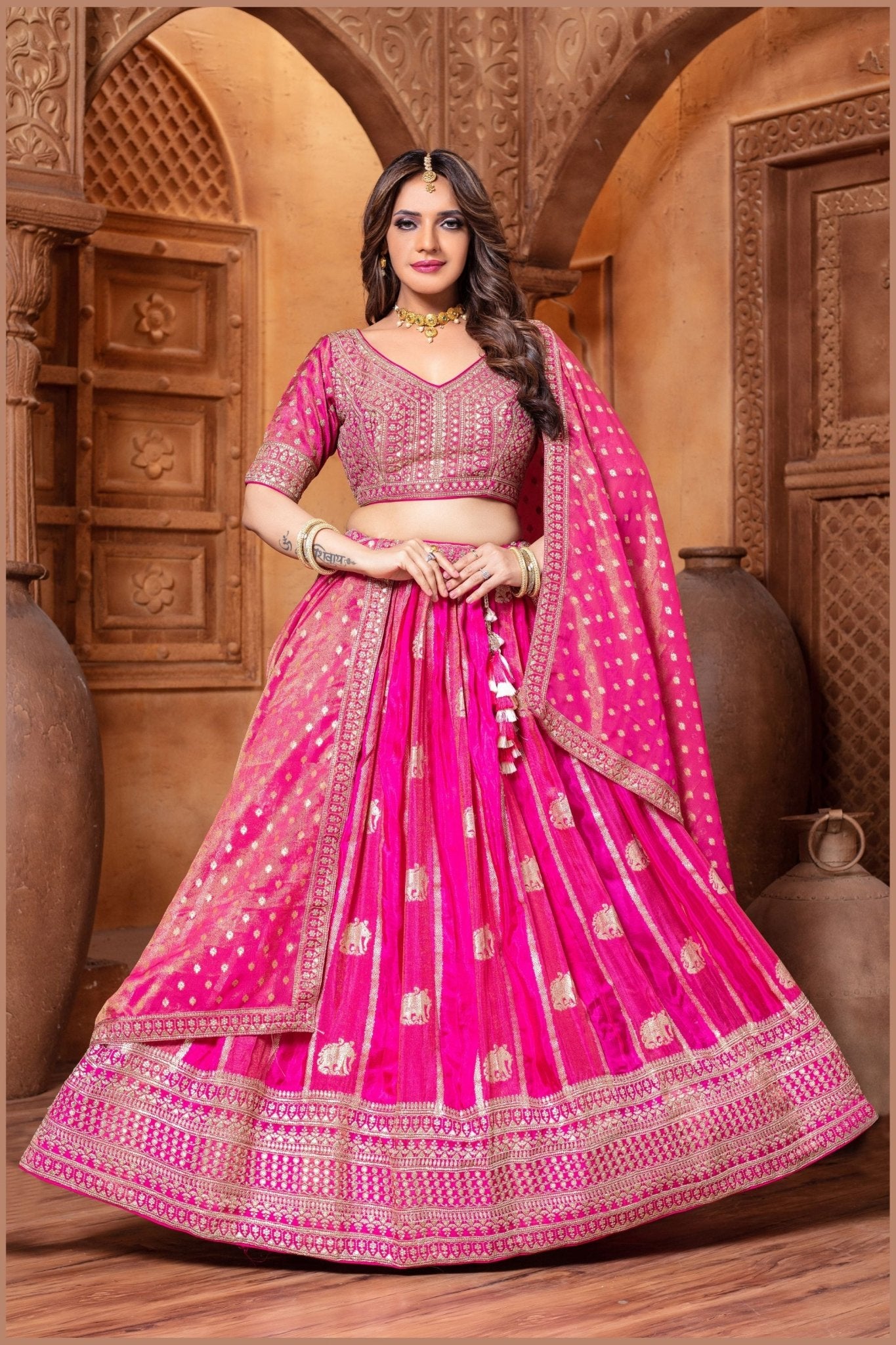Designer Deep Pink Embroidered Lehenga Choli with Dupatta - Mangaldeep NX