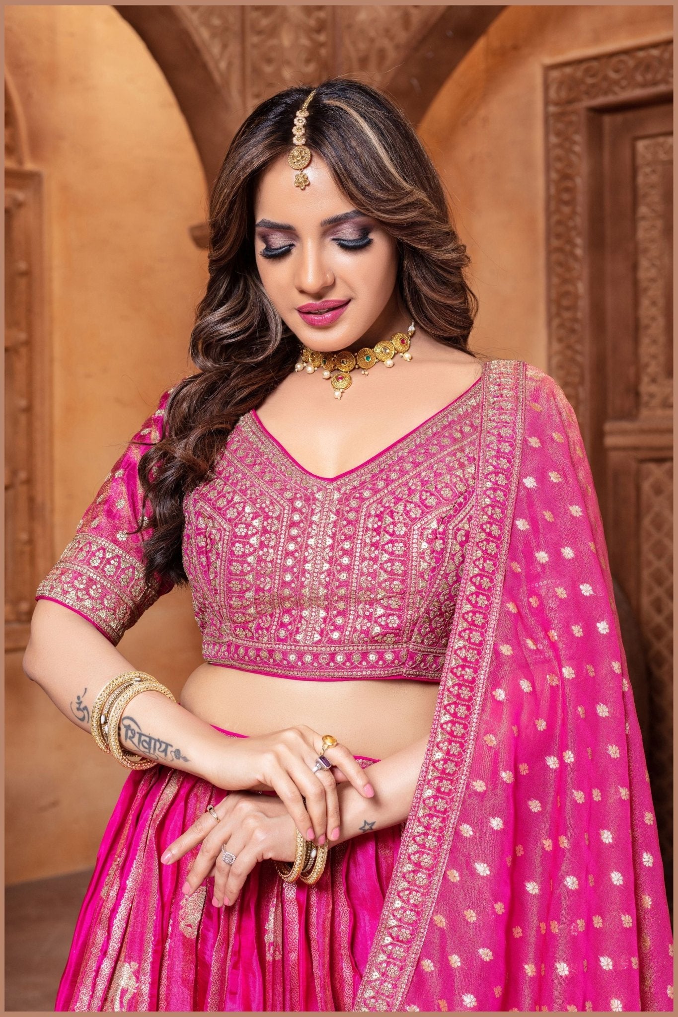 Designer Deep Pink Embroidered Lehenga Choli with Dupatta - Mangaldeep NX